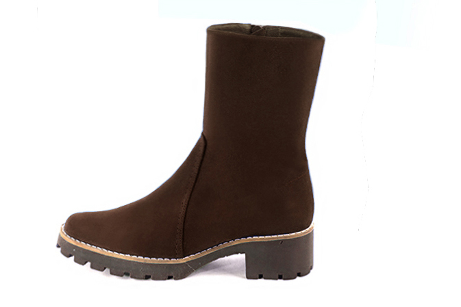 Dark brown women's ankle boots with a zip on the inside. Round toe. Low rubber soles. Profile view - Florence KOOIJMAN